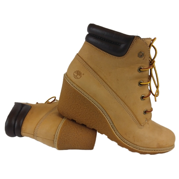 Timberland 8 Tan Brown Red Yellow Wedge Booties Ankle Boots Womens Laces Leather - Picture 9 of 16